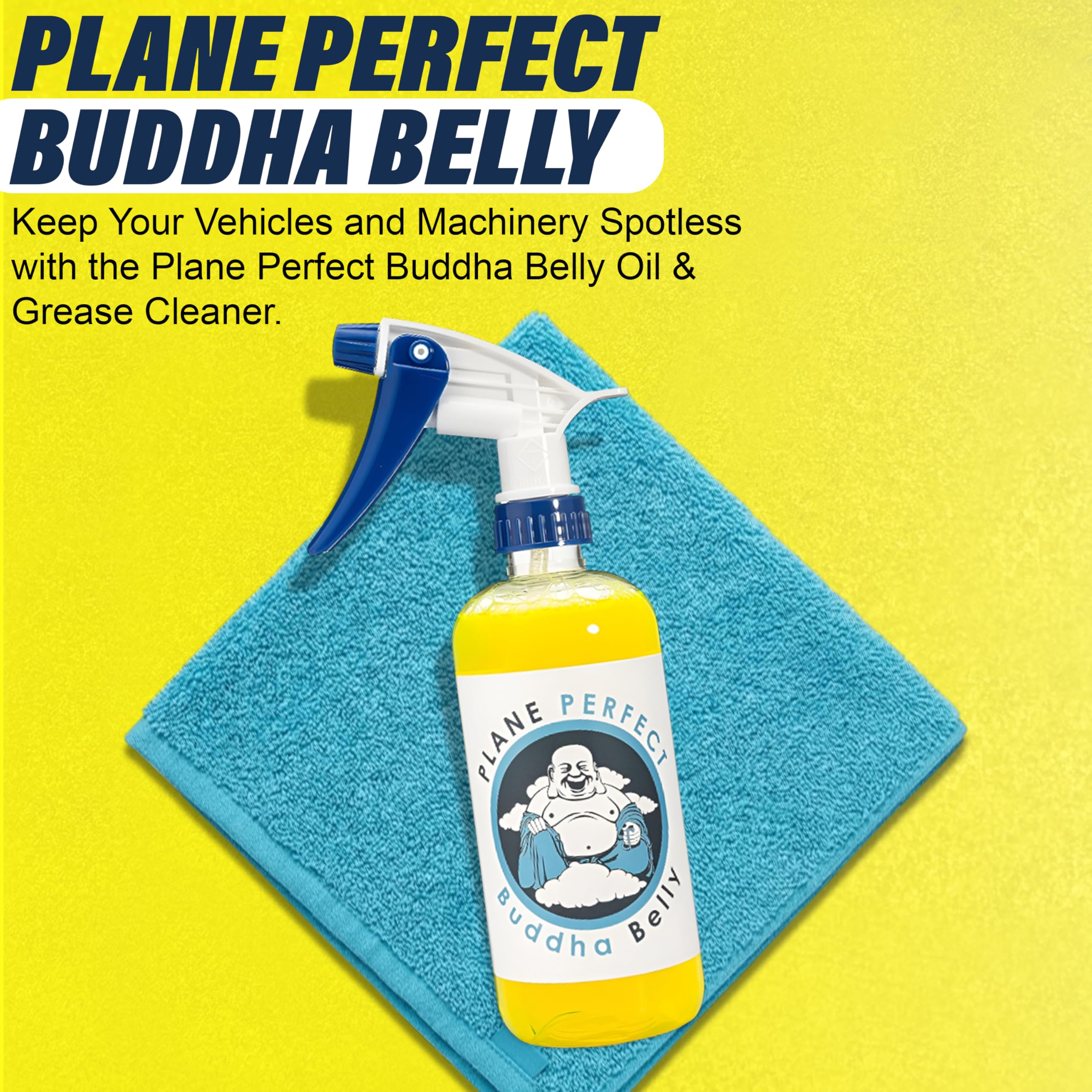 Plane Perfect Buddha Belly spray used for quick wipe-down of engine grease