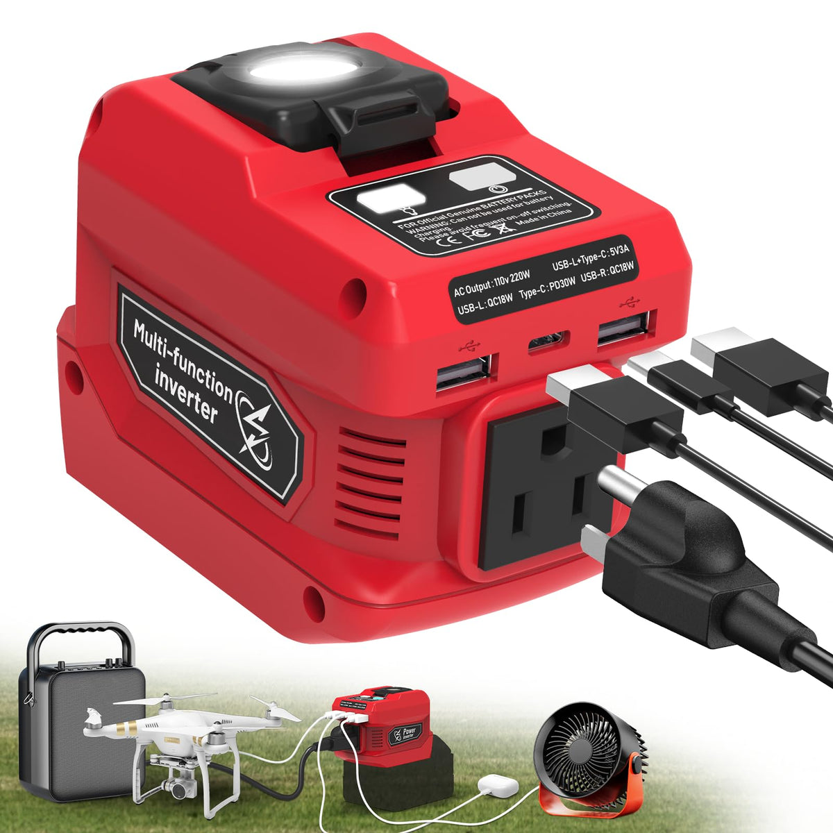 PlantPalGear 220W inverter connects Milwaukee 18V battery for portable power.