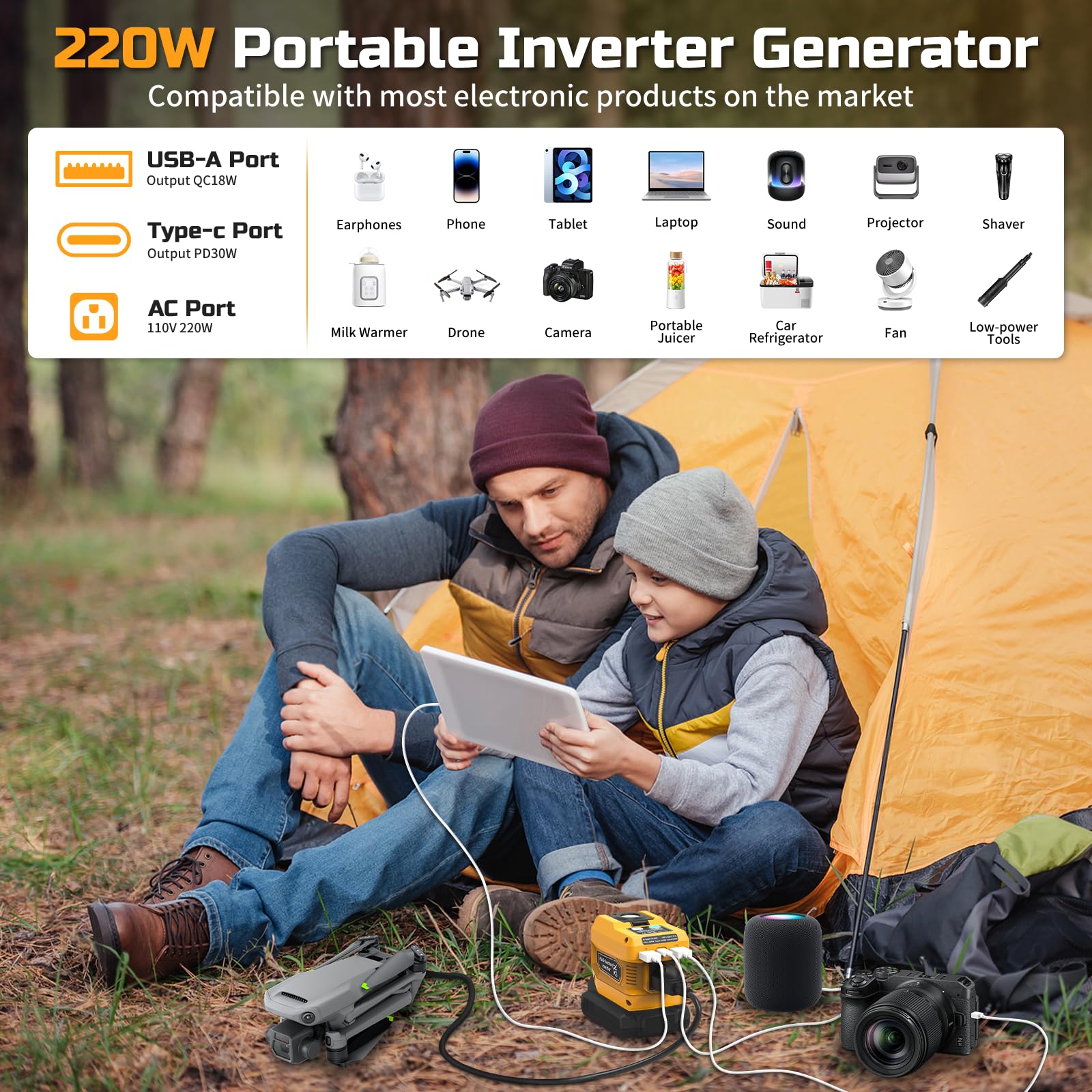 PlantPalGear 220W inverter packaging shows included cables and quick setup