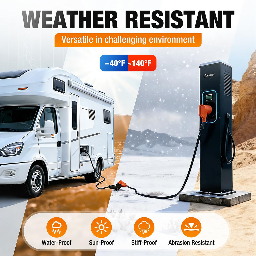 Plapower 50A RV extension cord shows ergonomic grip handles for easy connection