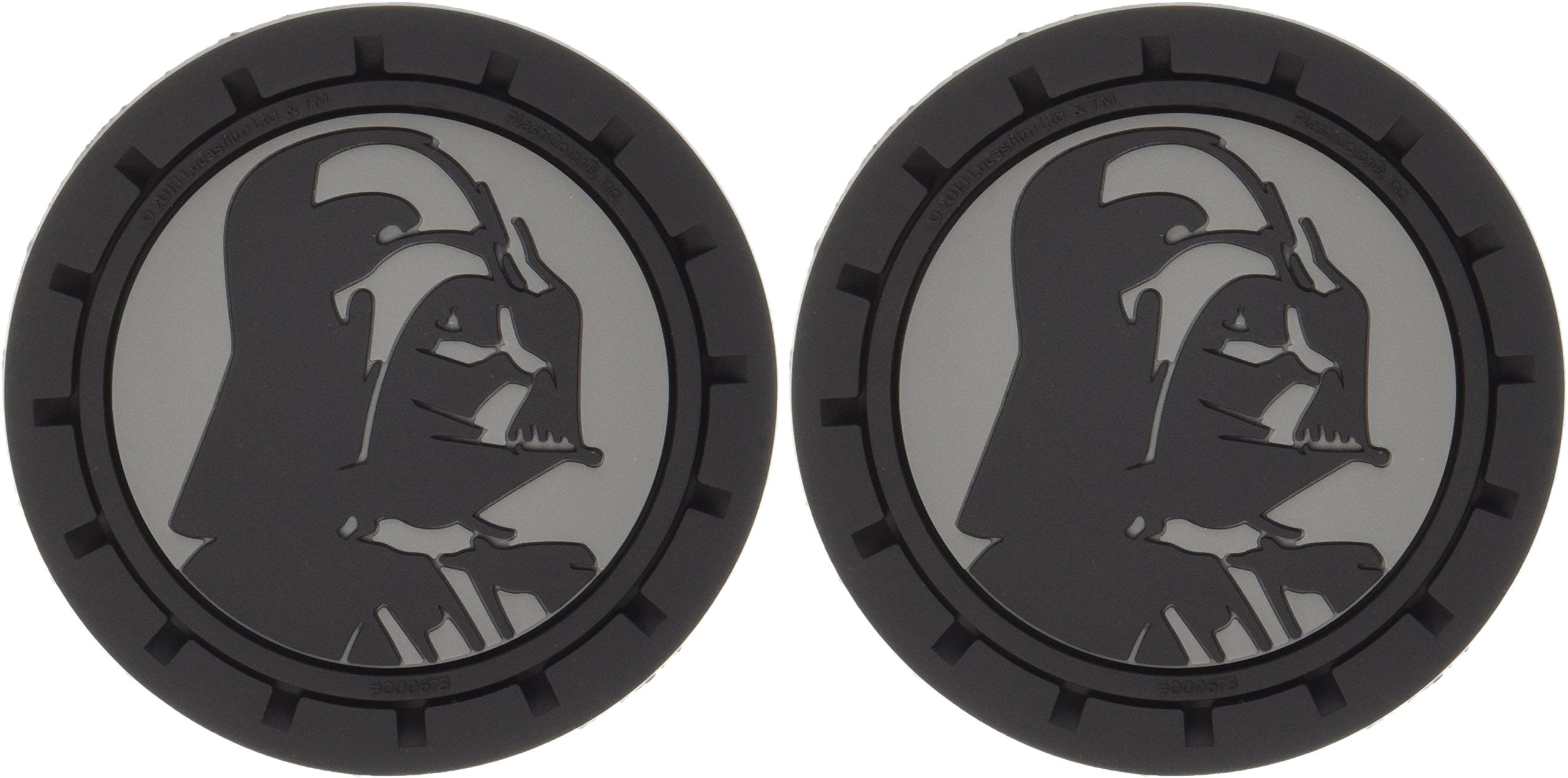 Plasticolor Darth Vader coasters in car cup holder protect surfaces and add style.
