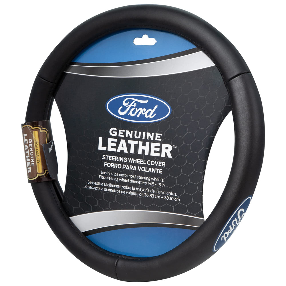 Plasticolor Ford Genuine Leather steering wheel cover front view with bold color and firm grip.