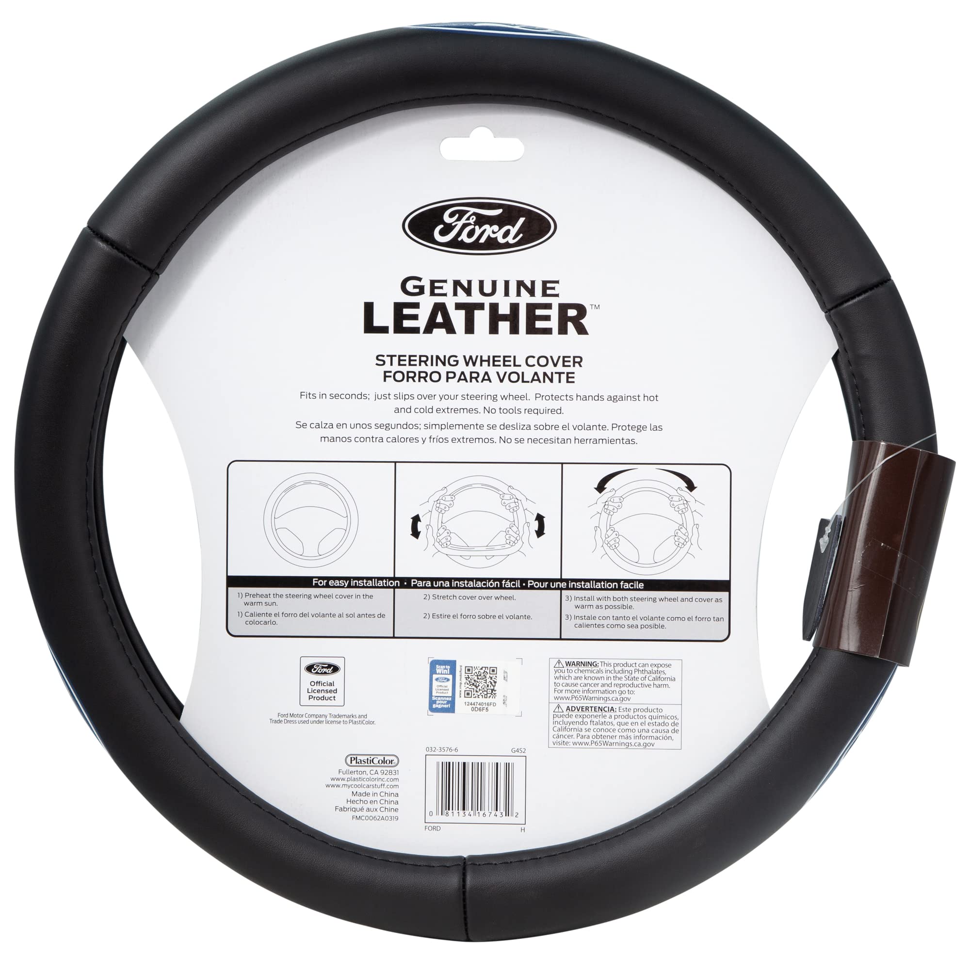 In-car use of Plasticolor Ford Genuine Leather wheel cover demonstrating easy installation and comfortable grip.