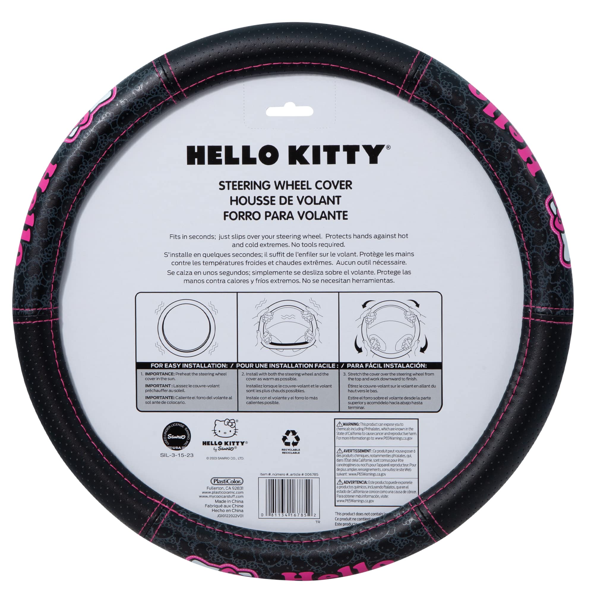 Plasticolor Hello Kitty collage wheel cover with three-view print visible from multiple angles