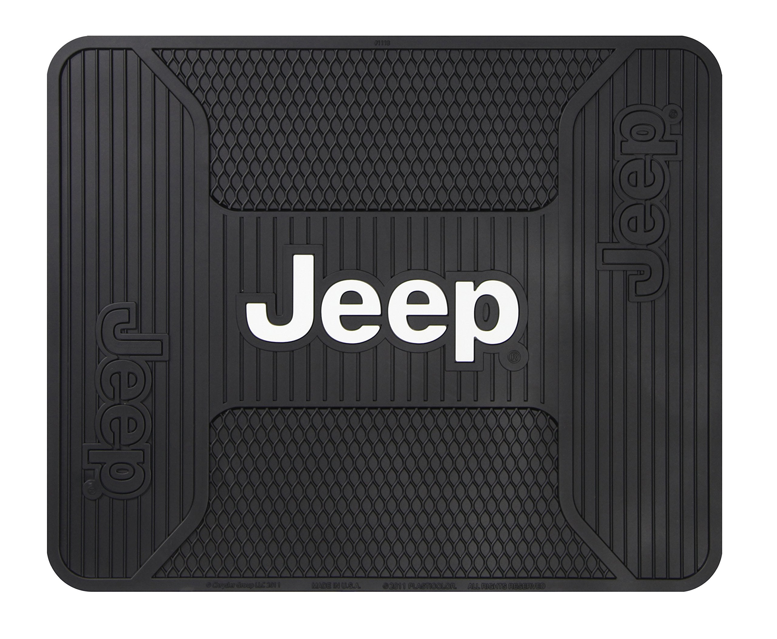 Plasticolor Jeep Elite rear seat mat logo close-up showing durable PVC surface for protection.