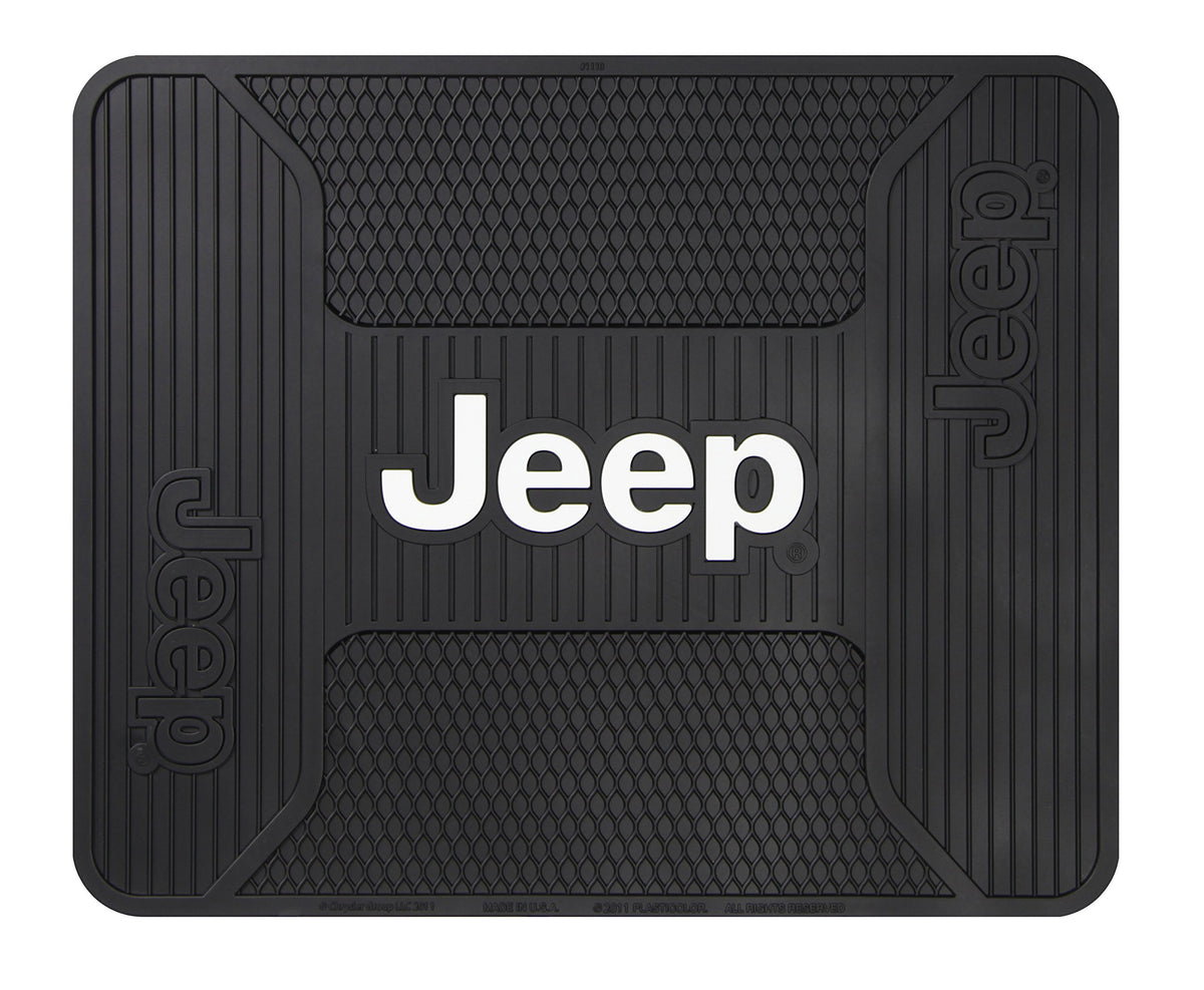 Plasticolor Jeep Elite rear seat mat logo close-up showing durable PVC surface for protection.