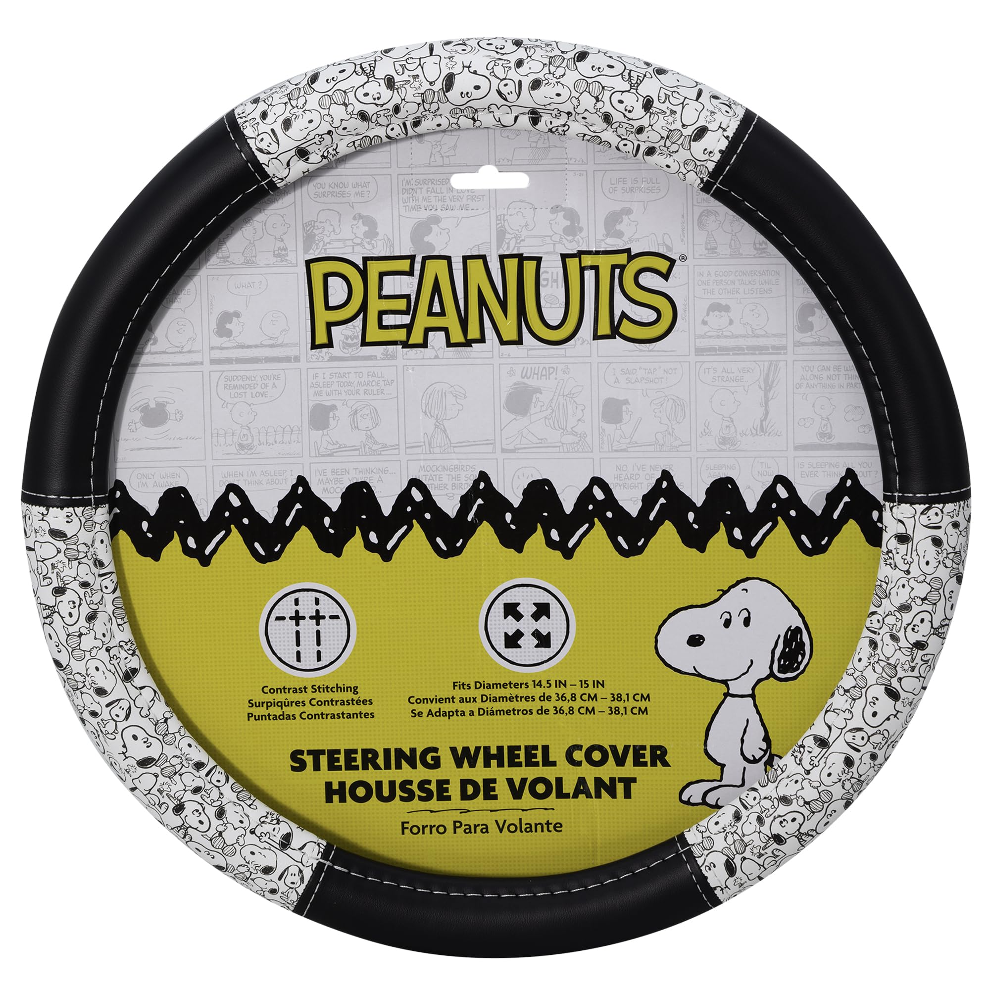 Plasticolor Peanuts Snoopy Expressions steering wheel cover closeup stitching enhances grip and premium look