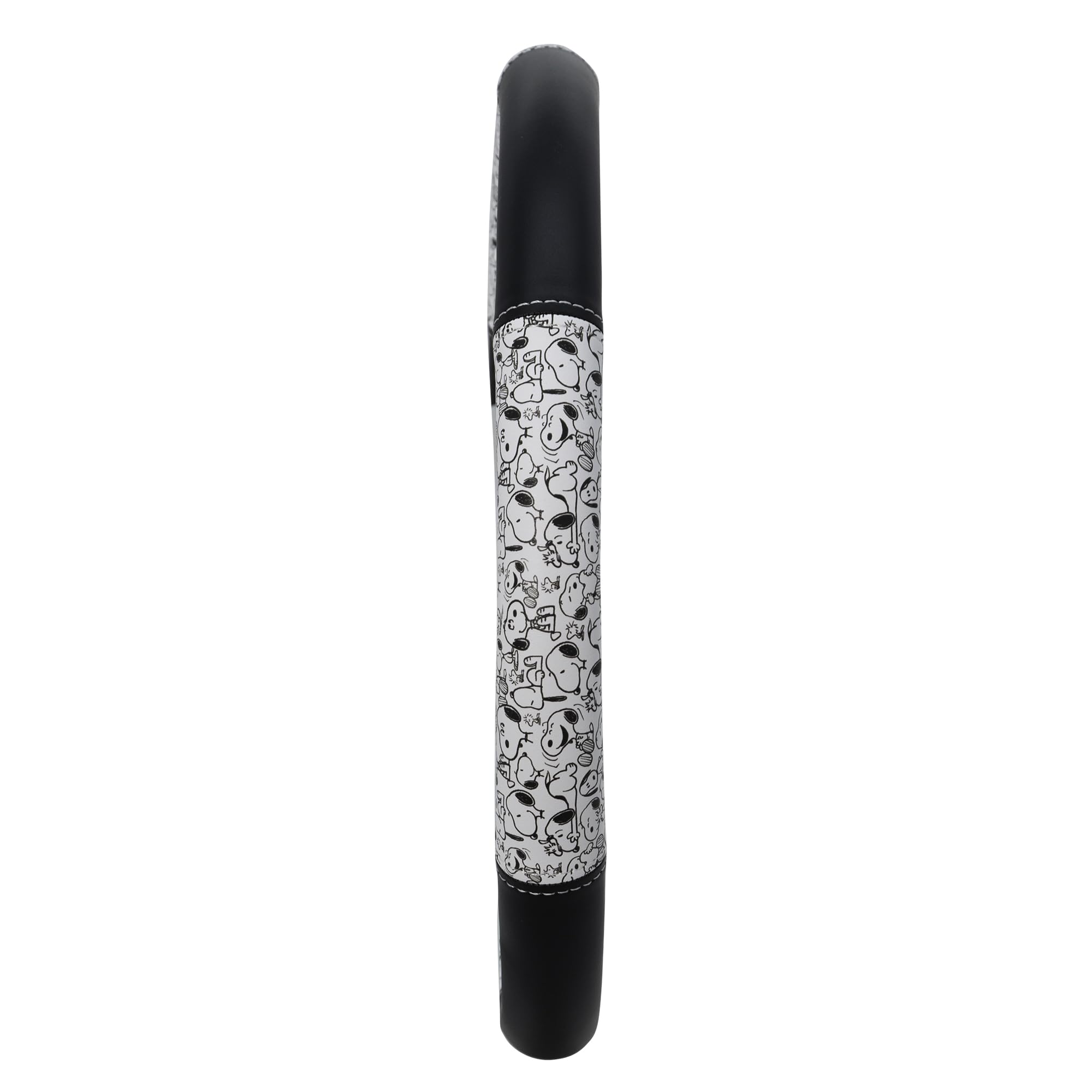 Plasticolor Peanuts Snoopy Expressions steering wheel cover in-car view shows bold black-and-white contrast