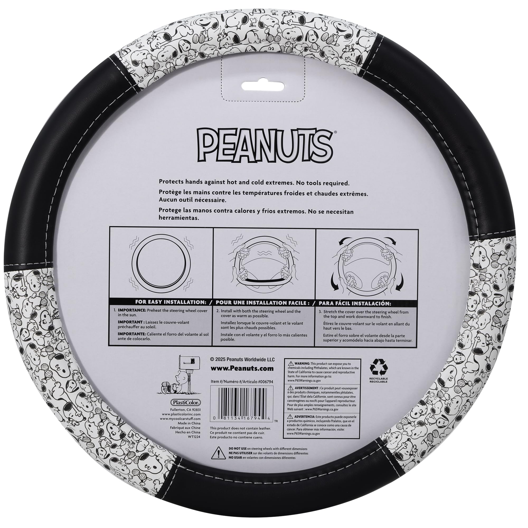 Plasticolor Peanuts Snoopy Expressions steering wheel cover vinyl-like material delivers comfortable grip in extreme weather