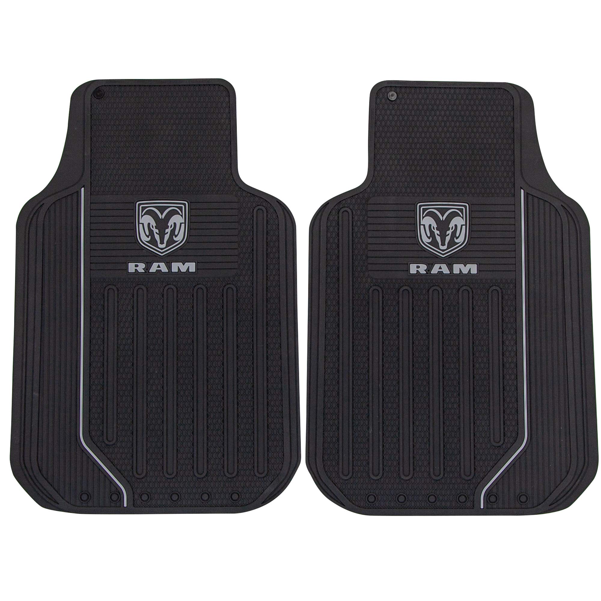 Plasticolor RAM Elite front floor mat close-up with gray logo and rugged rubber.