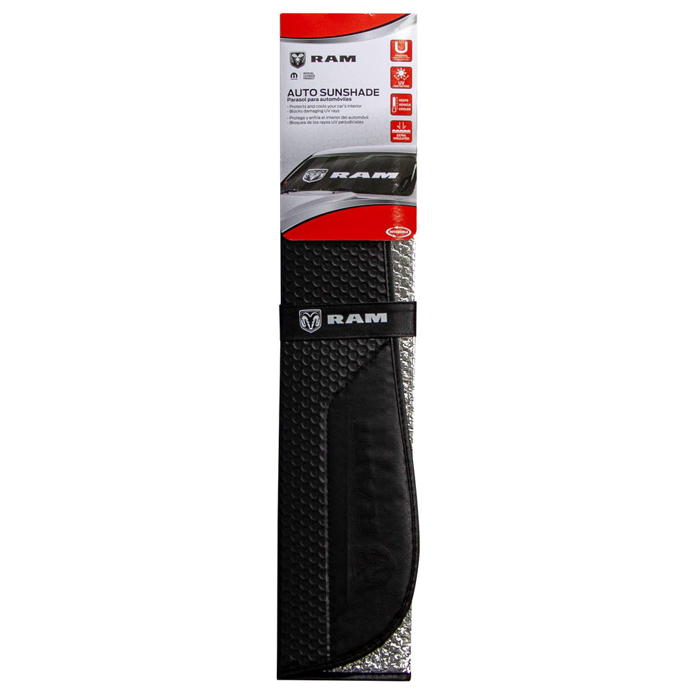 Plasticolor RAM-logo accordion sunshade offers compact storage and quick setup.