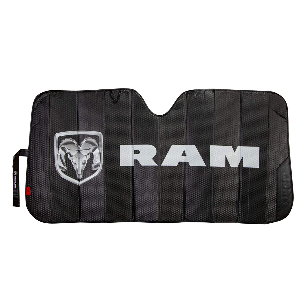 Plasticolor RAM logo sunshade protects windshield and adds bold style.