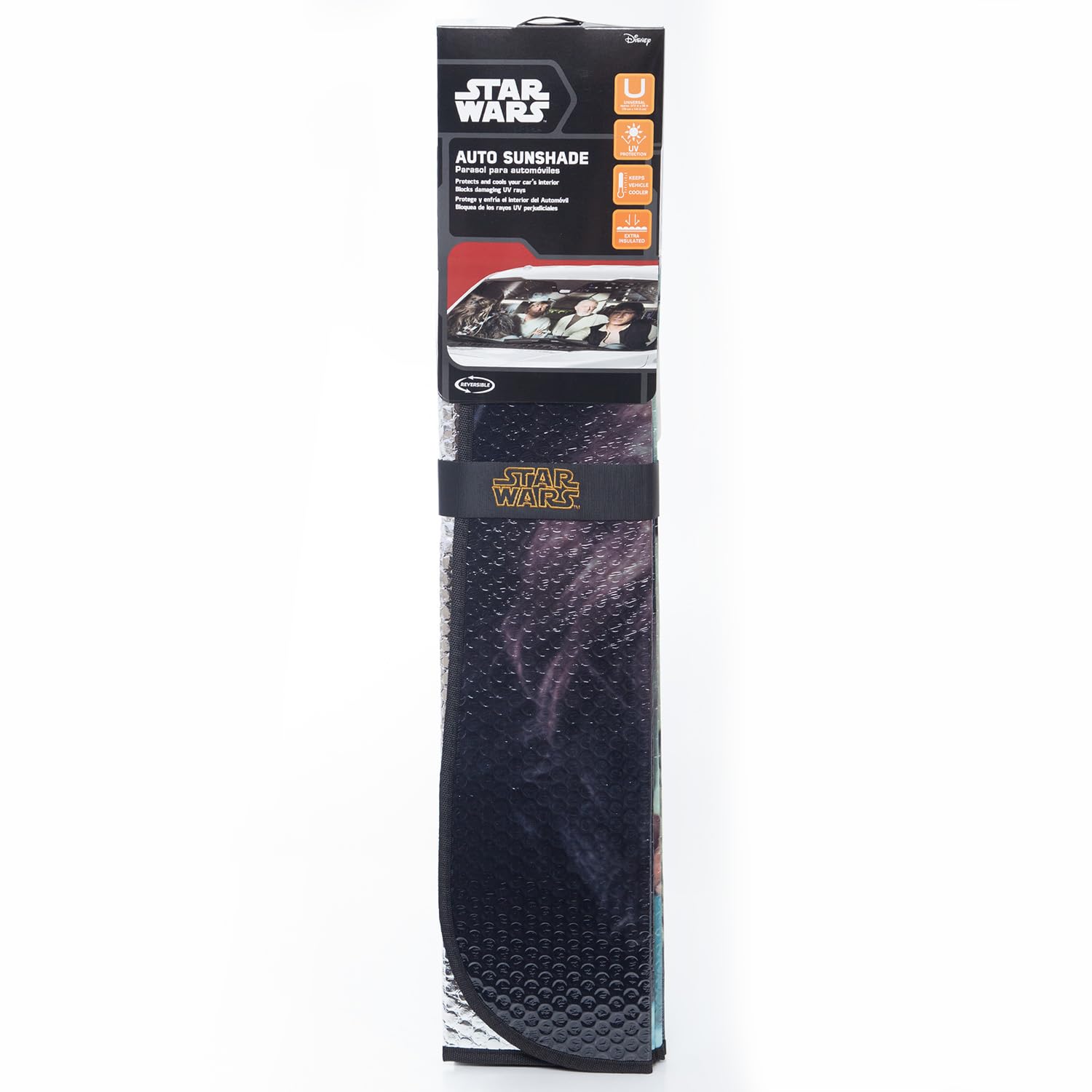 Plasticolor Star Wars sunshade shown on front windshield during installation