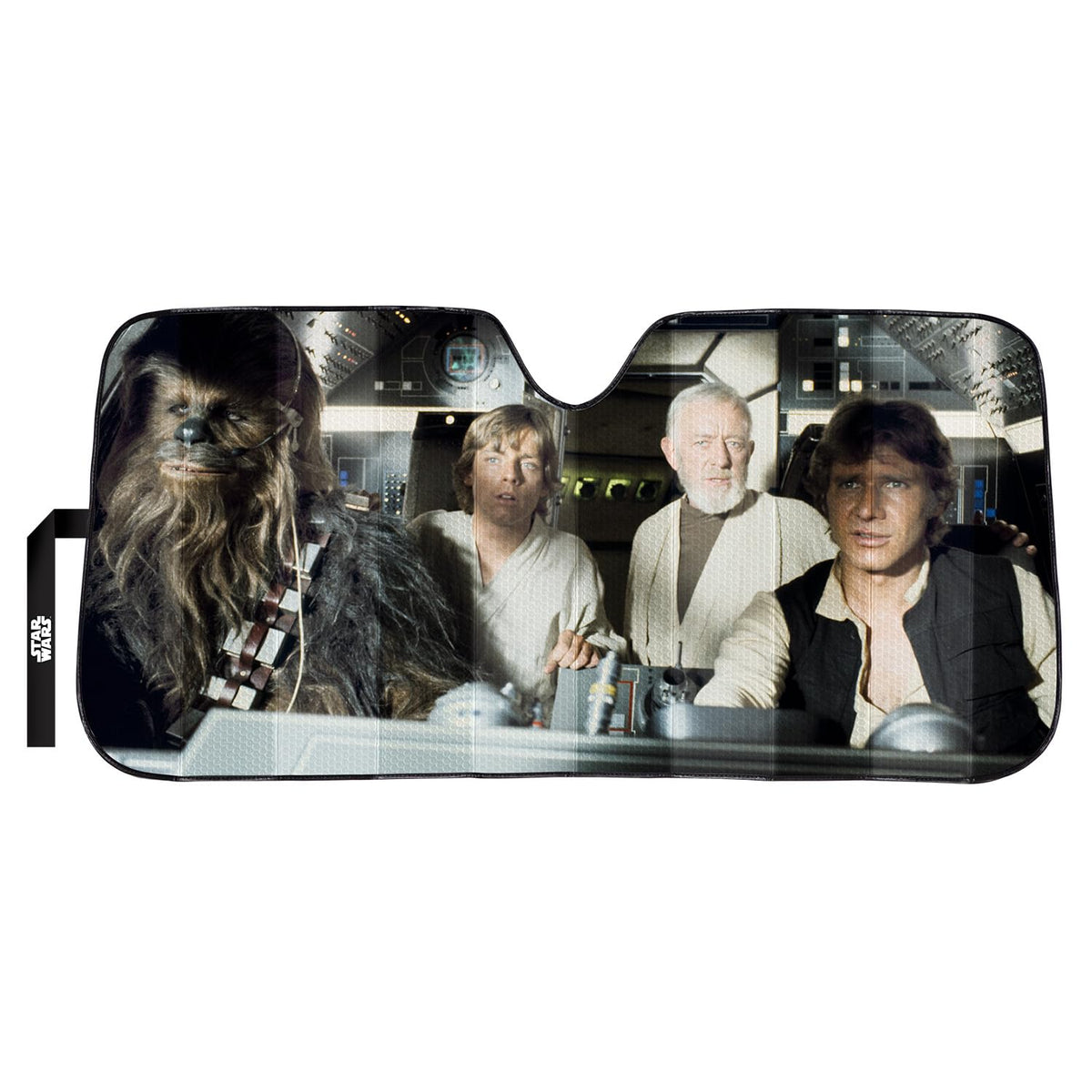 Plasticolor Star Wars sunshade with Millennium Falcon cockpit design shields the cabin from sun
