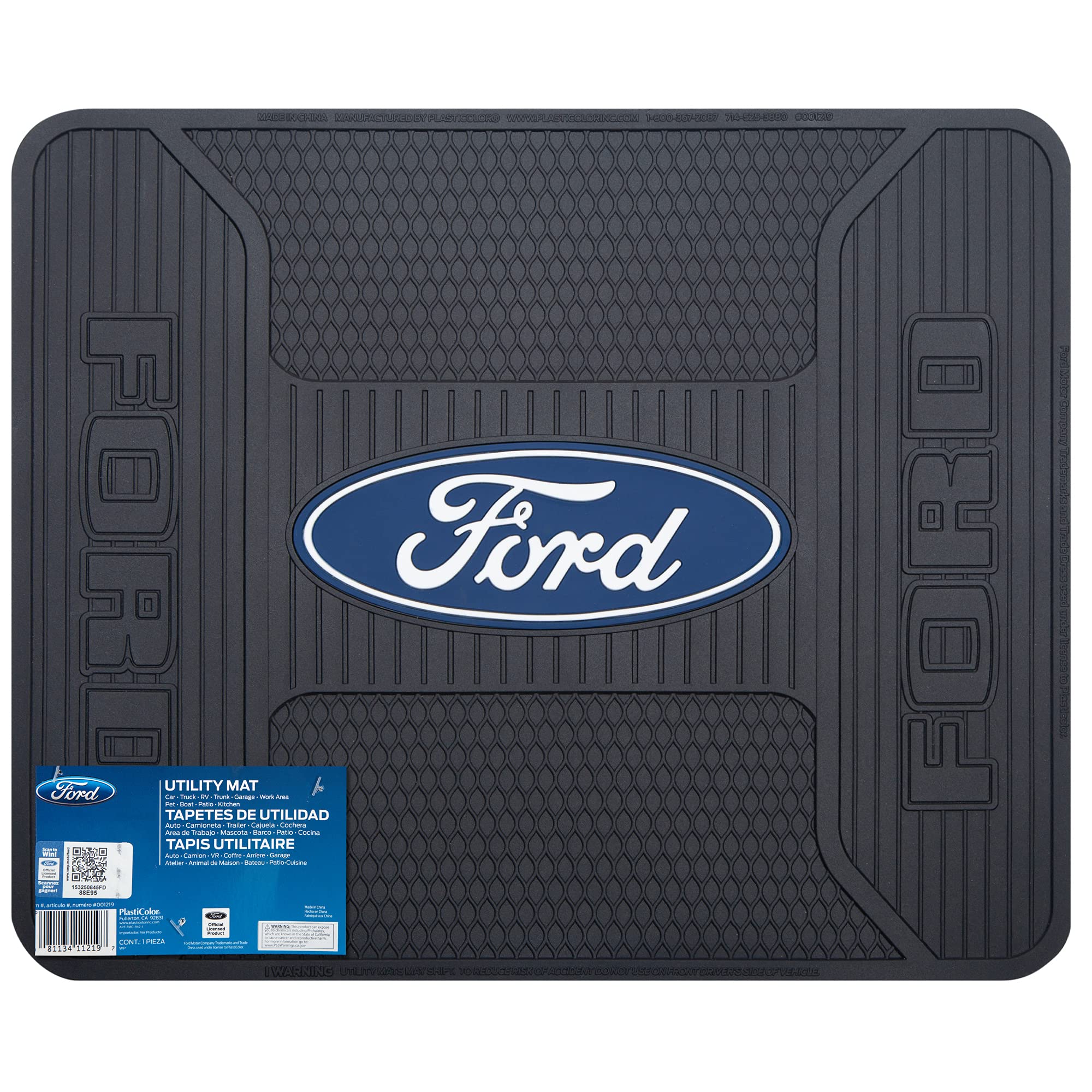 Plasticolor universal rear mats fit most vehicles, with Ford-licensed logo