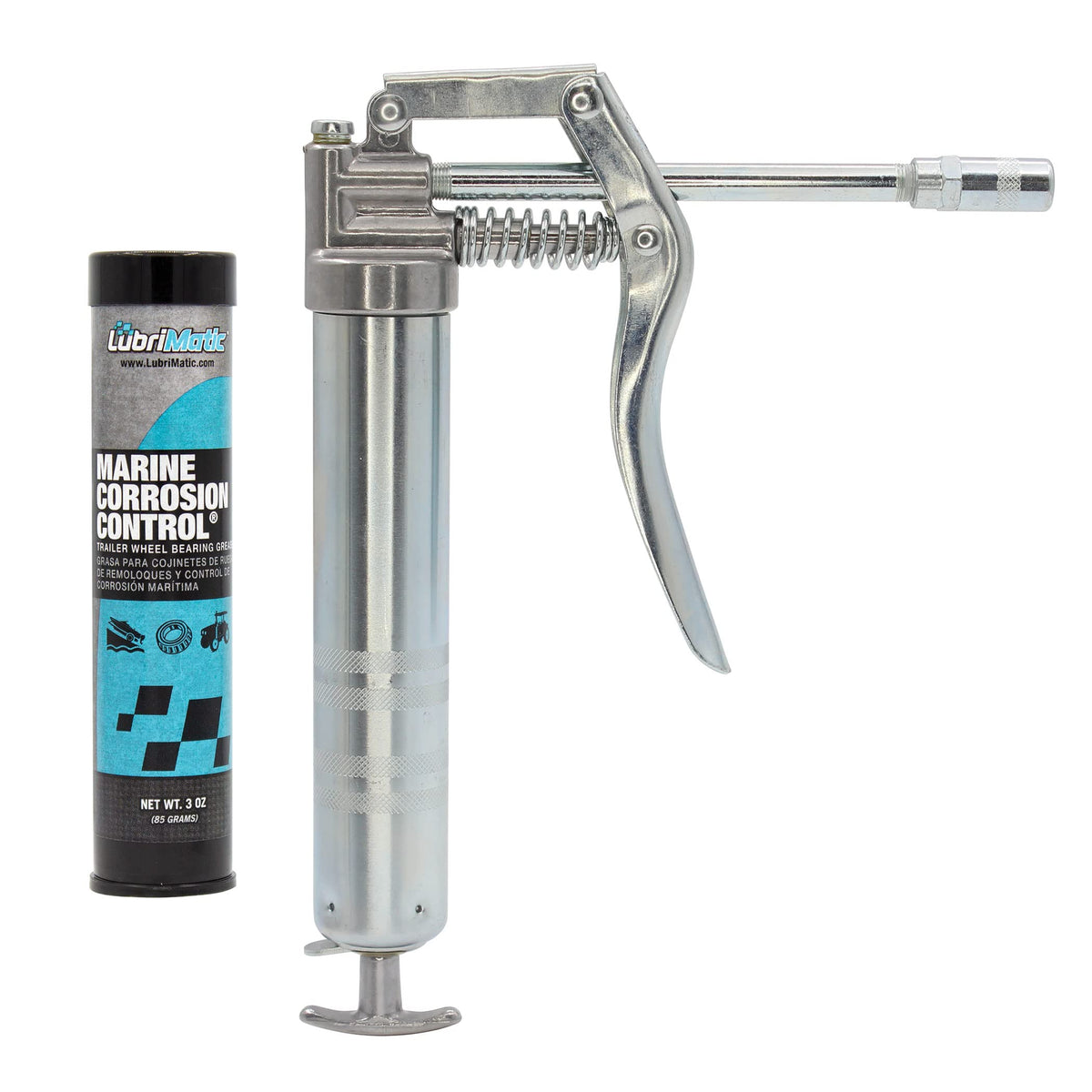 Plews LubriMatic 30-190 mini grease gun in hand for tight spots and marine maintenance