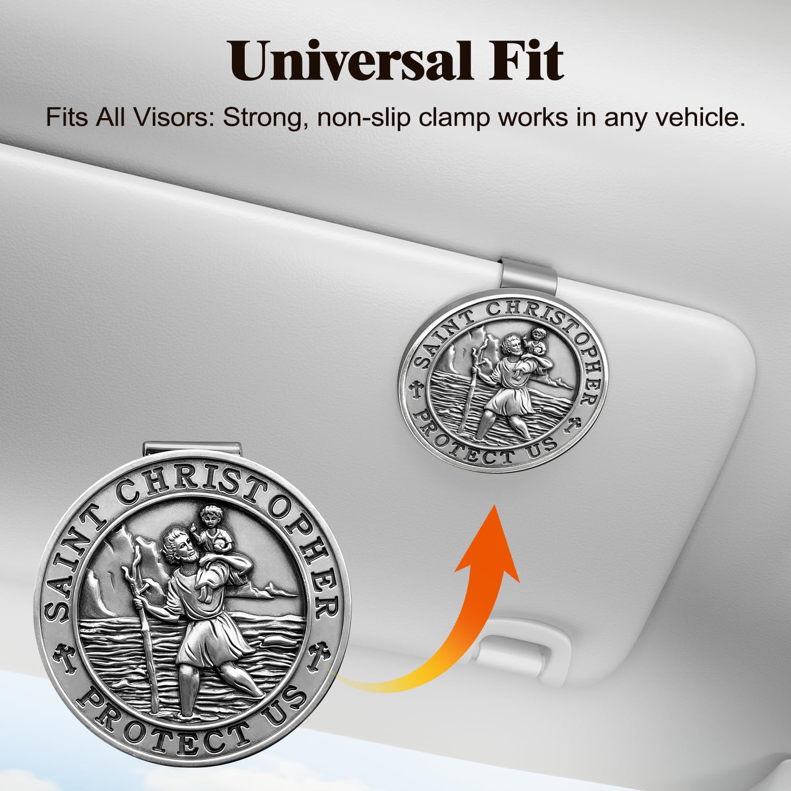 Detailed PloreWay St. Christopher medal for car travel and protection symbolism.
