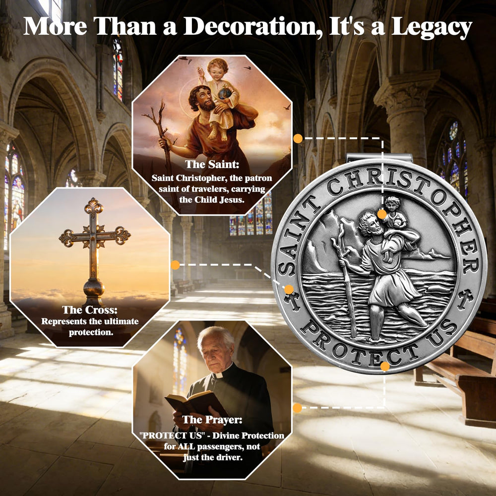 PloreWay St. Christopher visor clip highlighting craftsmanship and safety reminder.