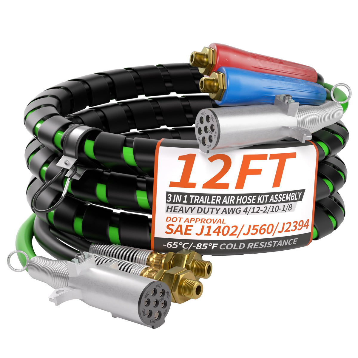 PlugSaf 12ft 3-in-1 air power line wrap shown protecting hoses outdoors.