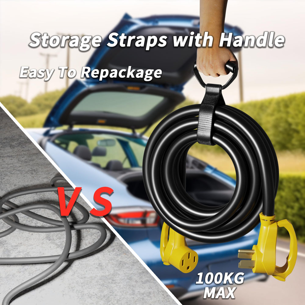 15 ft outdoor extension cord by PlugSaf ready for RVs and EVs.
