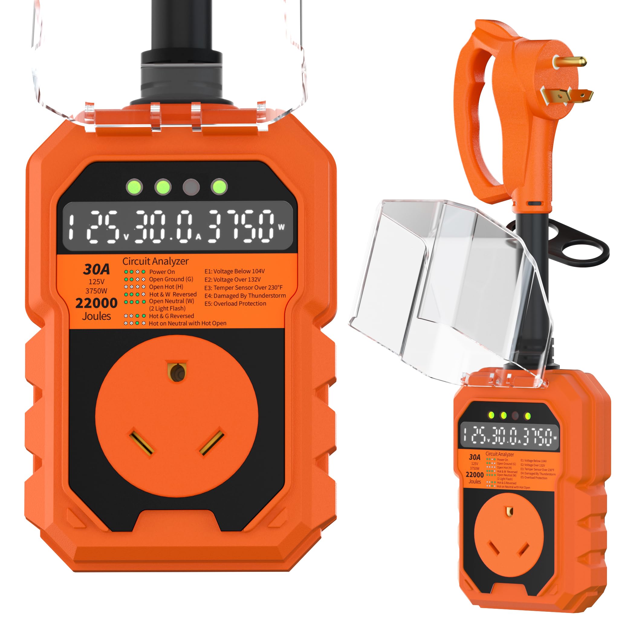 PlugSaf 22000J RV surge protector front view with robust surge protection for campers