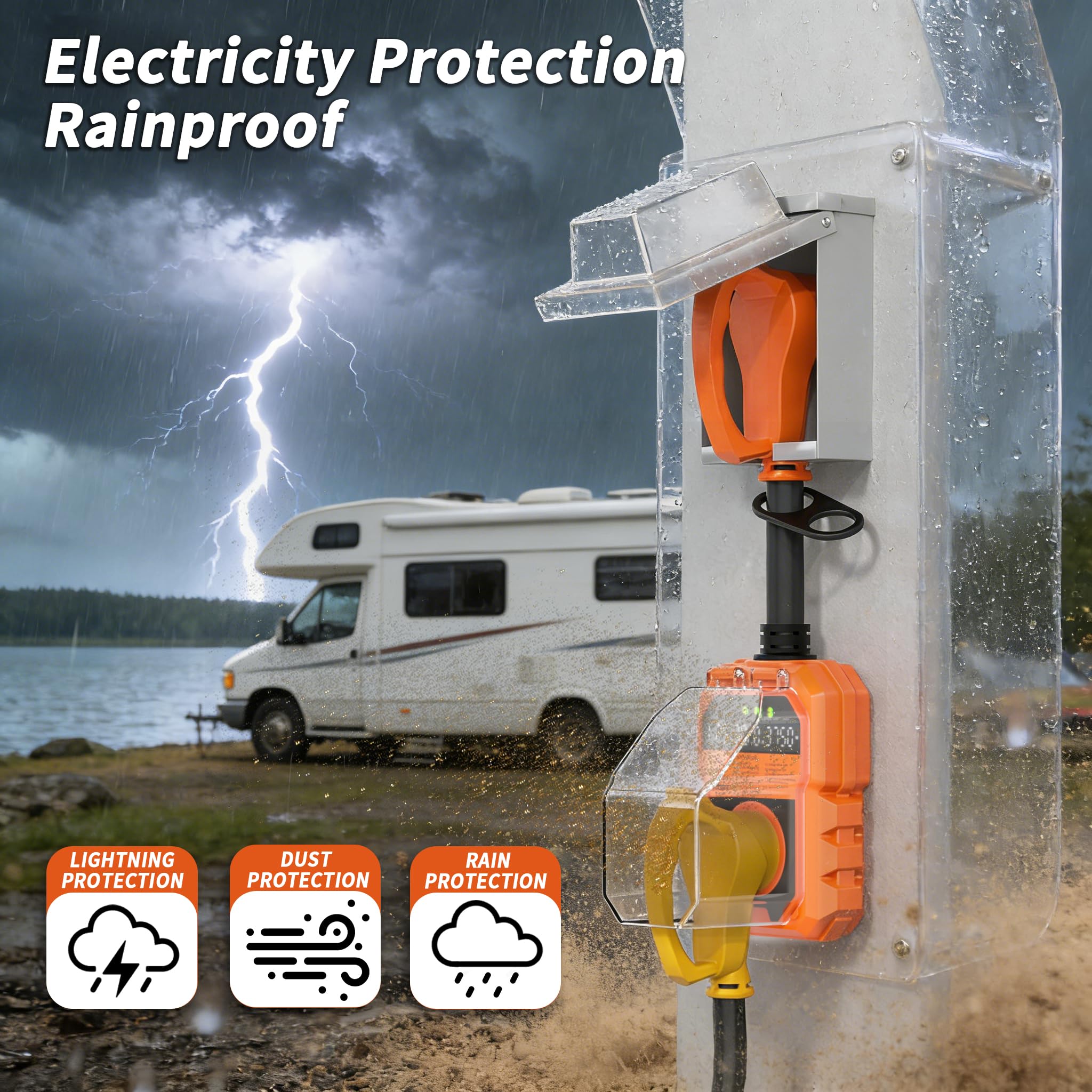 PlugSaf 30A RV surge protector with weatherproof cover for secure outdoor connections