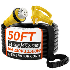 PlugSaf 50-amp generator cord with twist-lock for secure outdoor connections.