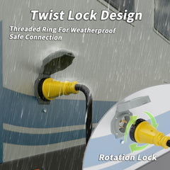PlugSaf weatherproof twist-lock connection maintains stable outdoor power in challenging weather.