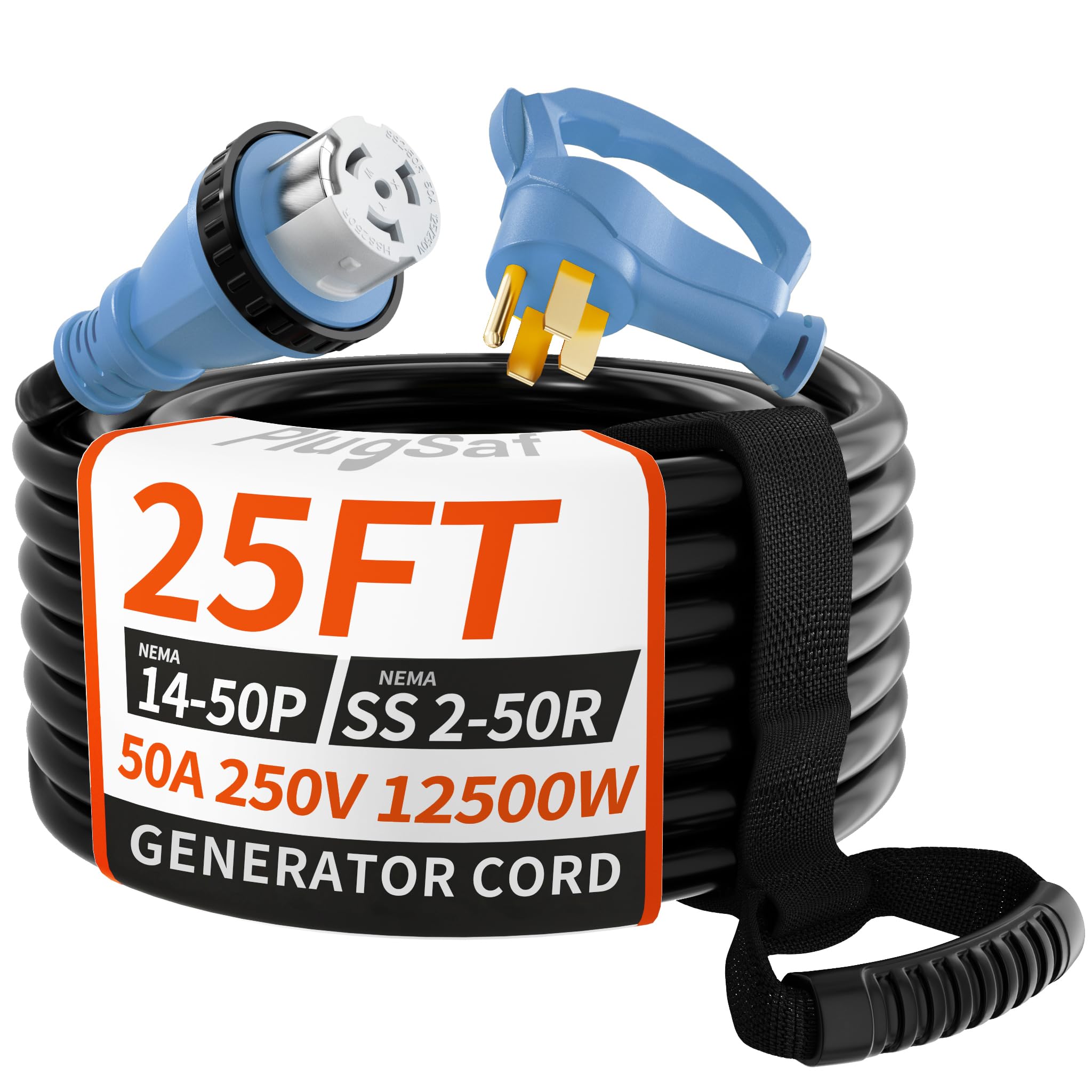 PlugSaf 50A generator cord with twist-lock end for secure outdoor power connections.