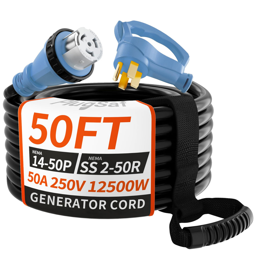 PlugSaf 50A generator cord in blue, 50ft length for outdoor power connections