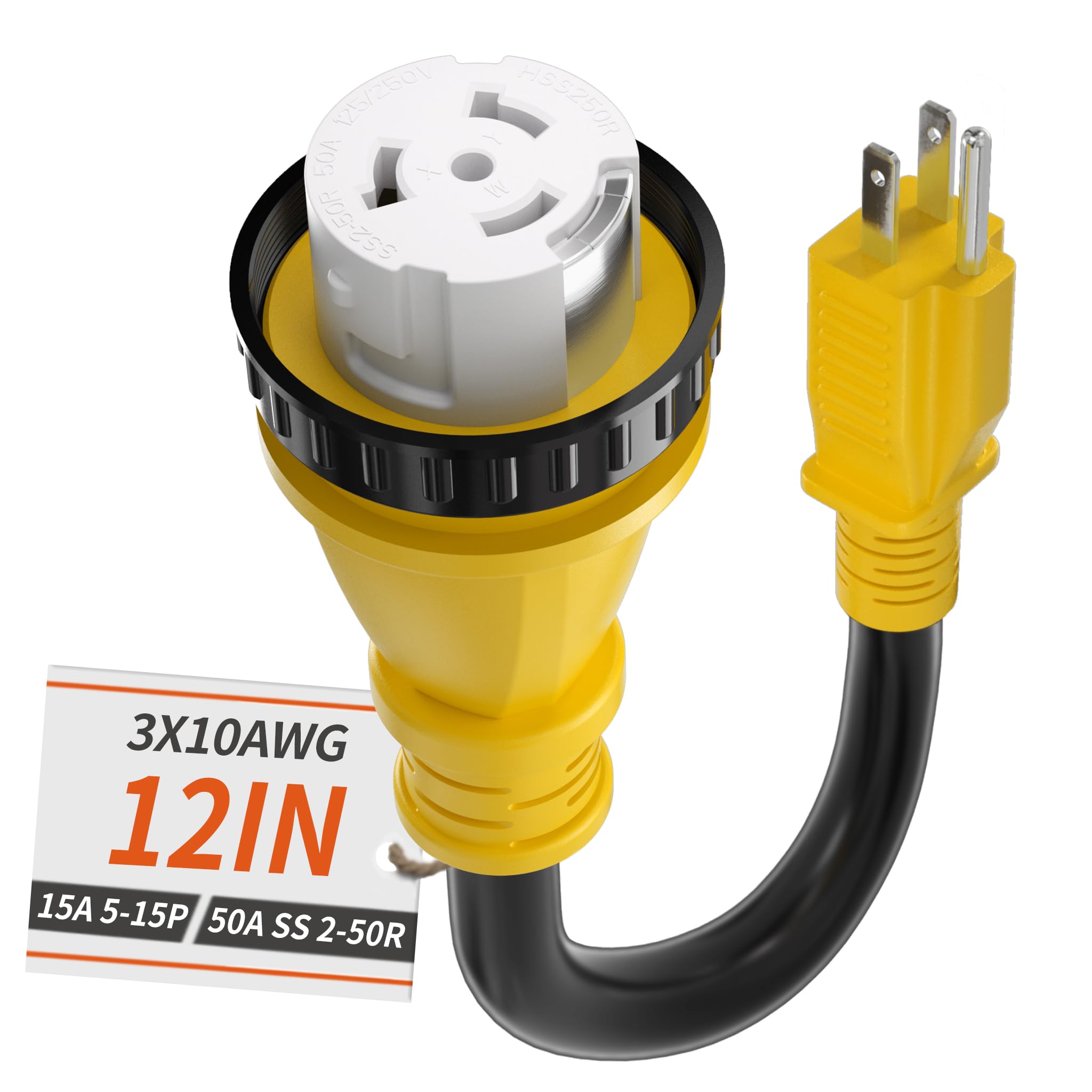 PlugSaf 50A to 15A adapter with twist-lock connection for secure campground power