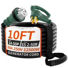 PlugSaf 50amp generator cord with twist-lock, 10 ft for secure outdoor power connections.