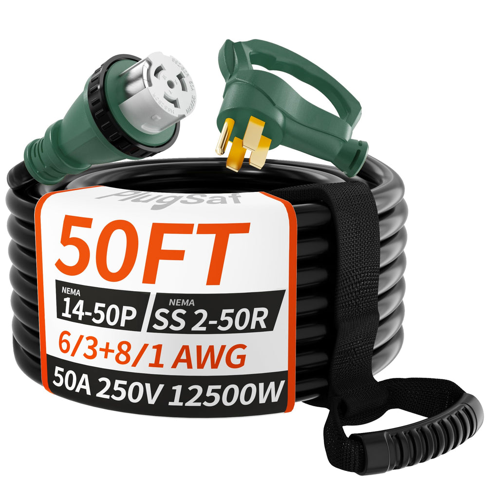 PlugSaf 50A generator cord with twist-lock connector for secure outdoor power.
