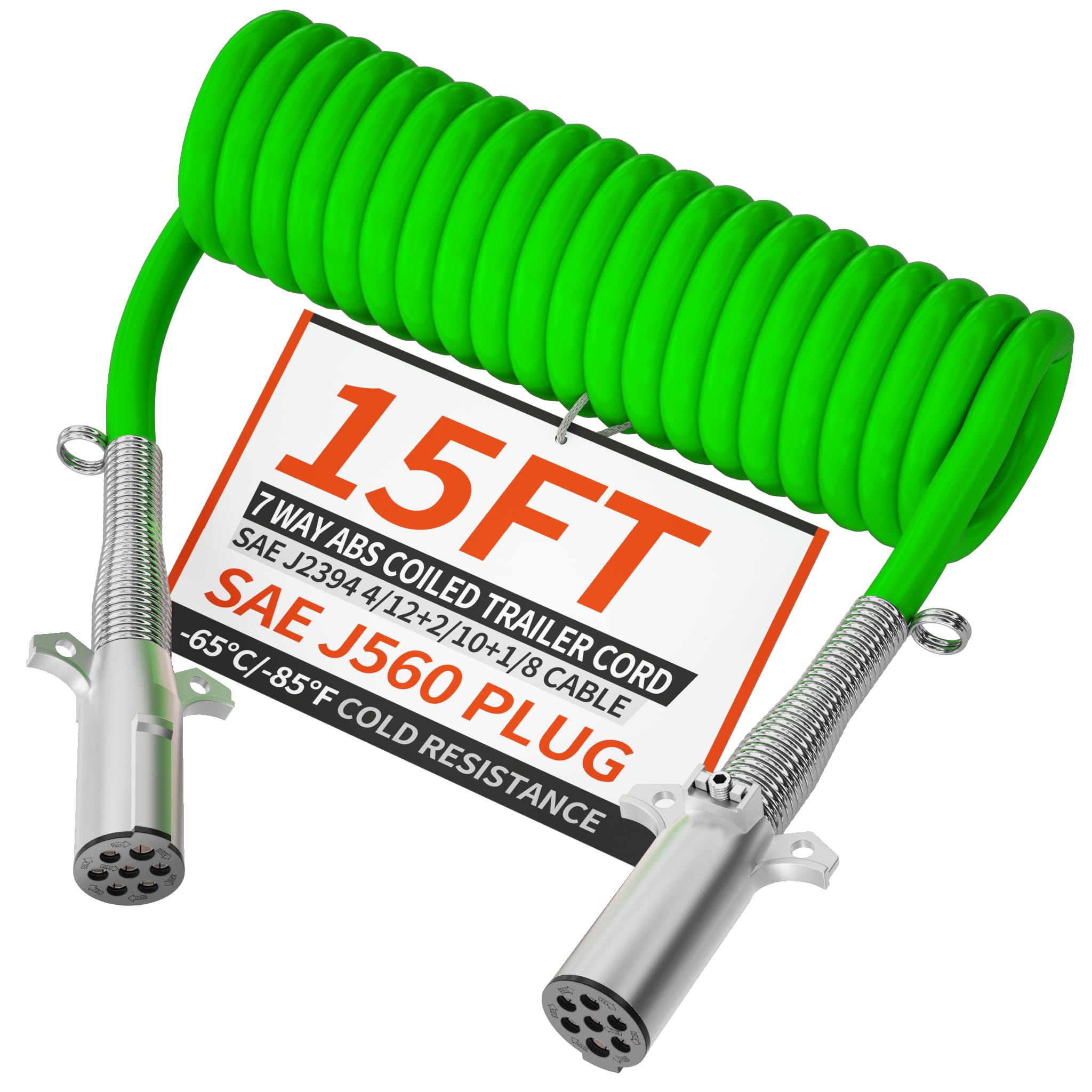 PlugSaf 7-way coiled trailer cord with full 15 ft reach for trailer lighting and power