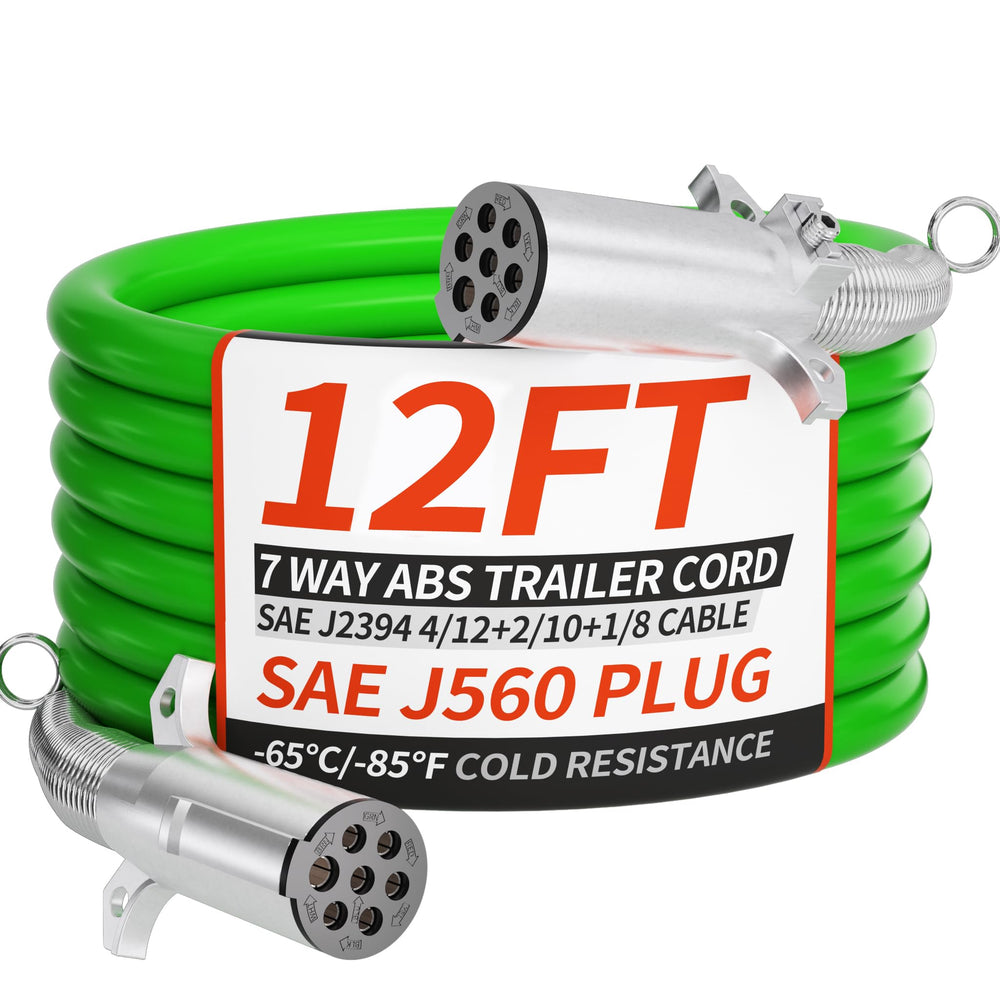 PlugSaf 7-Way trailer cord with green ABS jacket for reliable outdoor use.