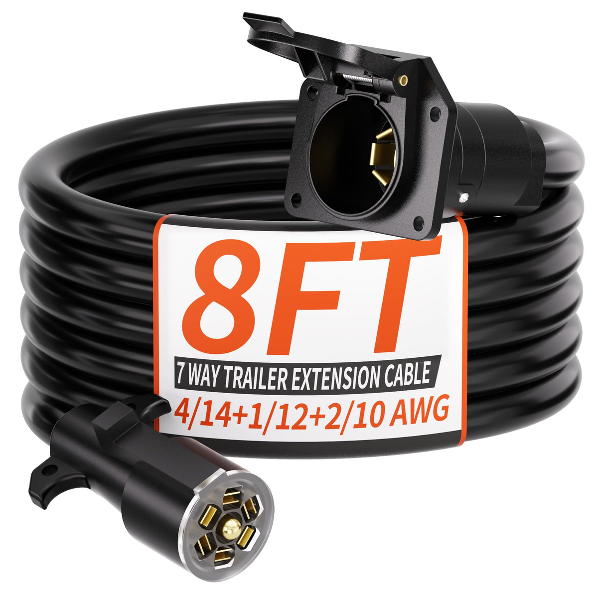 PlugSaf 8 ft 7-pin trailer plug shows durable copper conductors for reliable power.