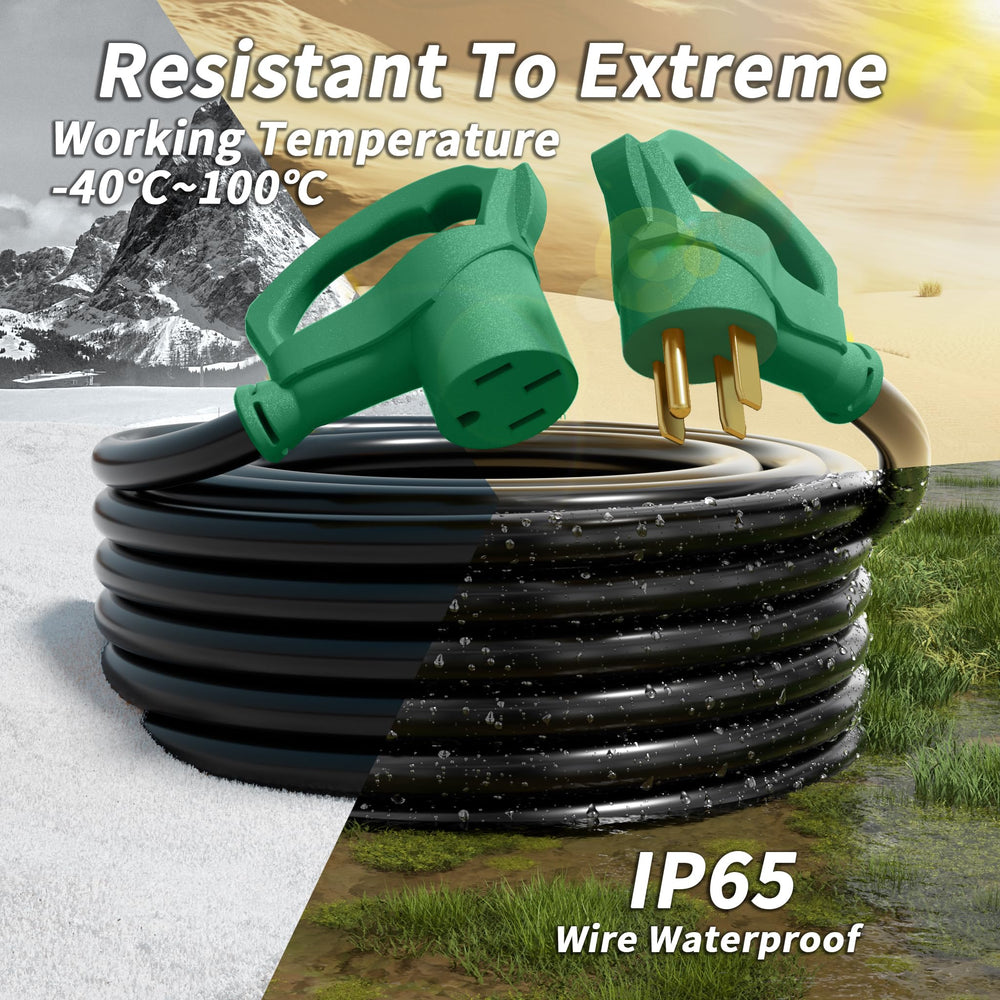 PlugSaf IP65 weatherproof cord withstands sun, rain, and cold.