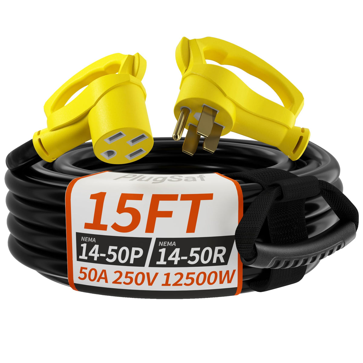 Plugsaf NEMA 14-50P plug with grip handle for easy outdoor use.