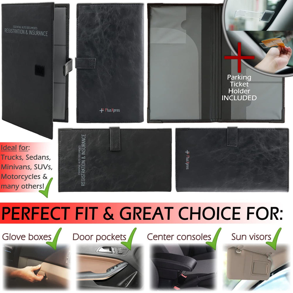 PlusXpres auto insurance card holder organized interior for DMV, AAA, and club cards.