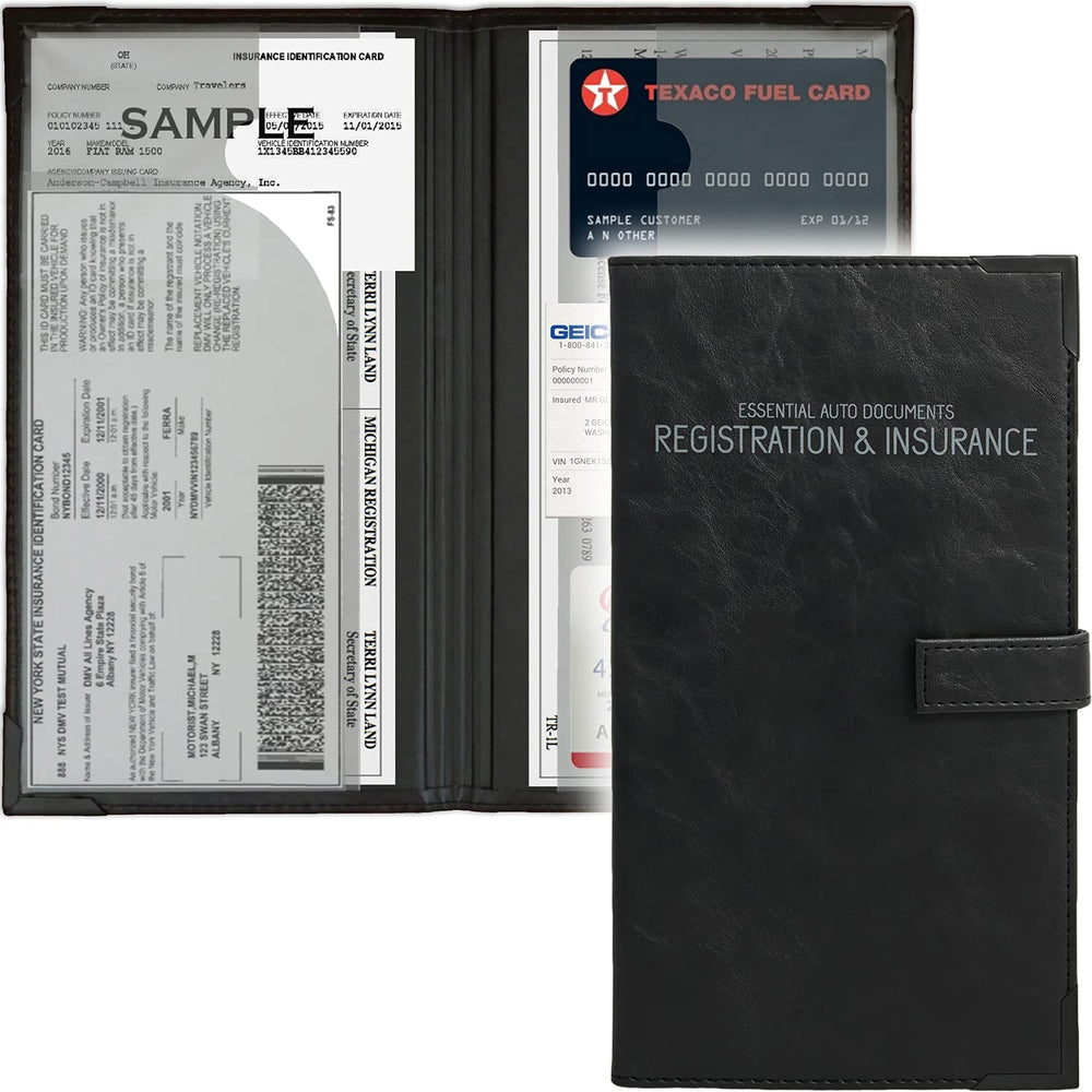 PlusXpres auto insurance card holder front view fits snugly in most glove boxes.