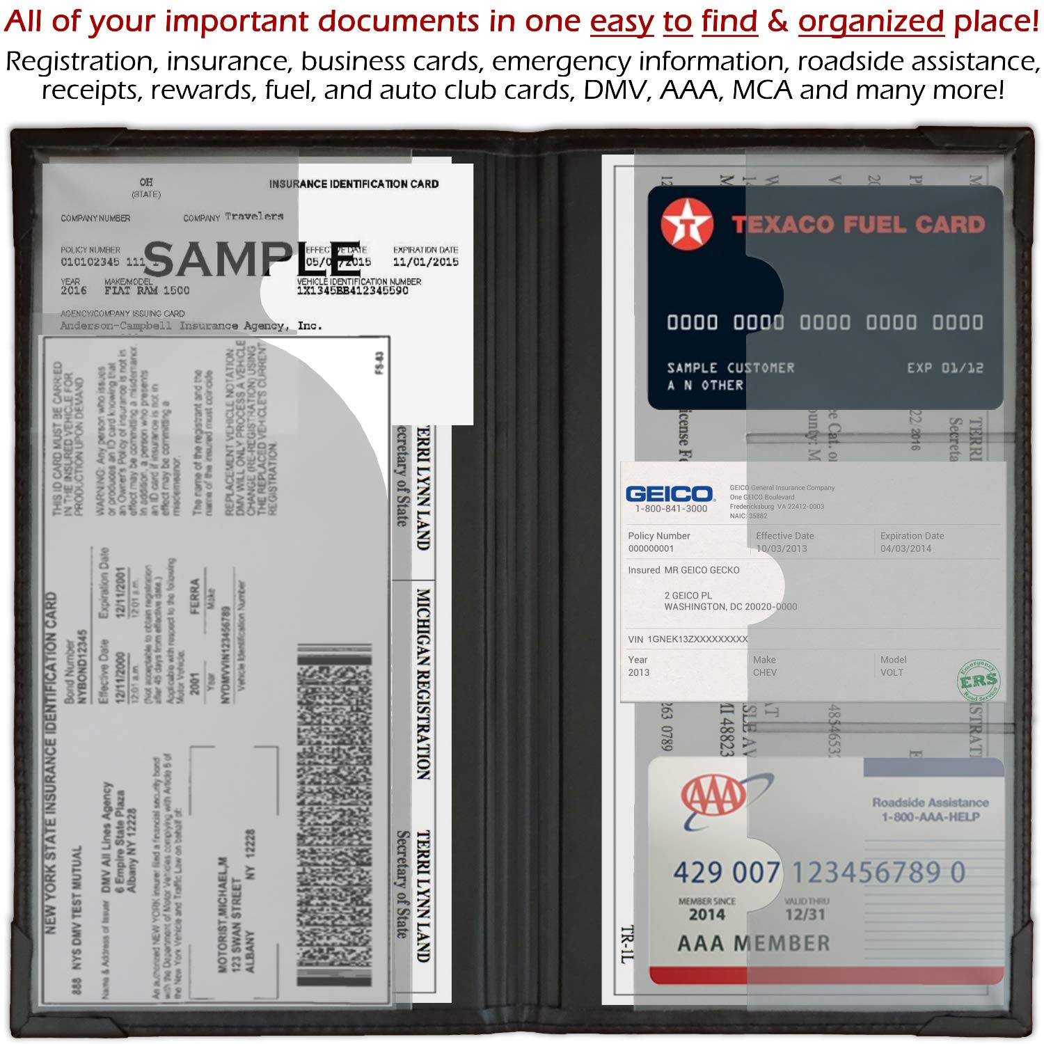 PlusXpres auto insurance card holder inside a glove box demonstrates easy storage.