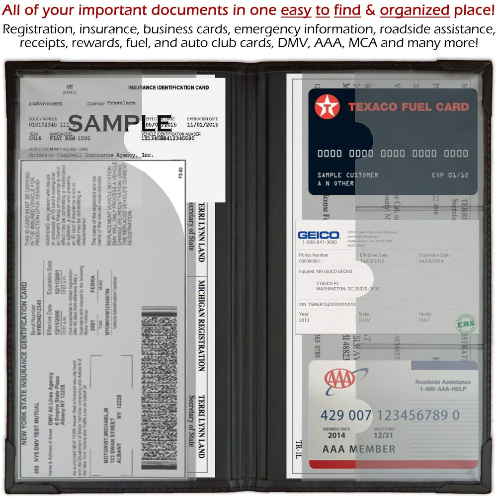 PlusXpres auto insurance card holder inside a glove box demonstrates easy storage.