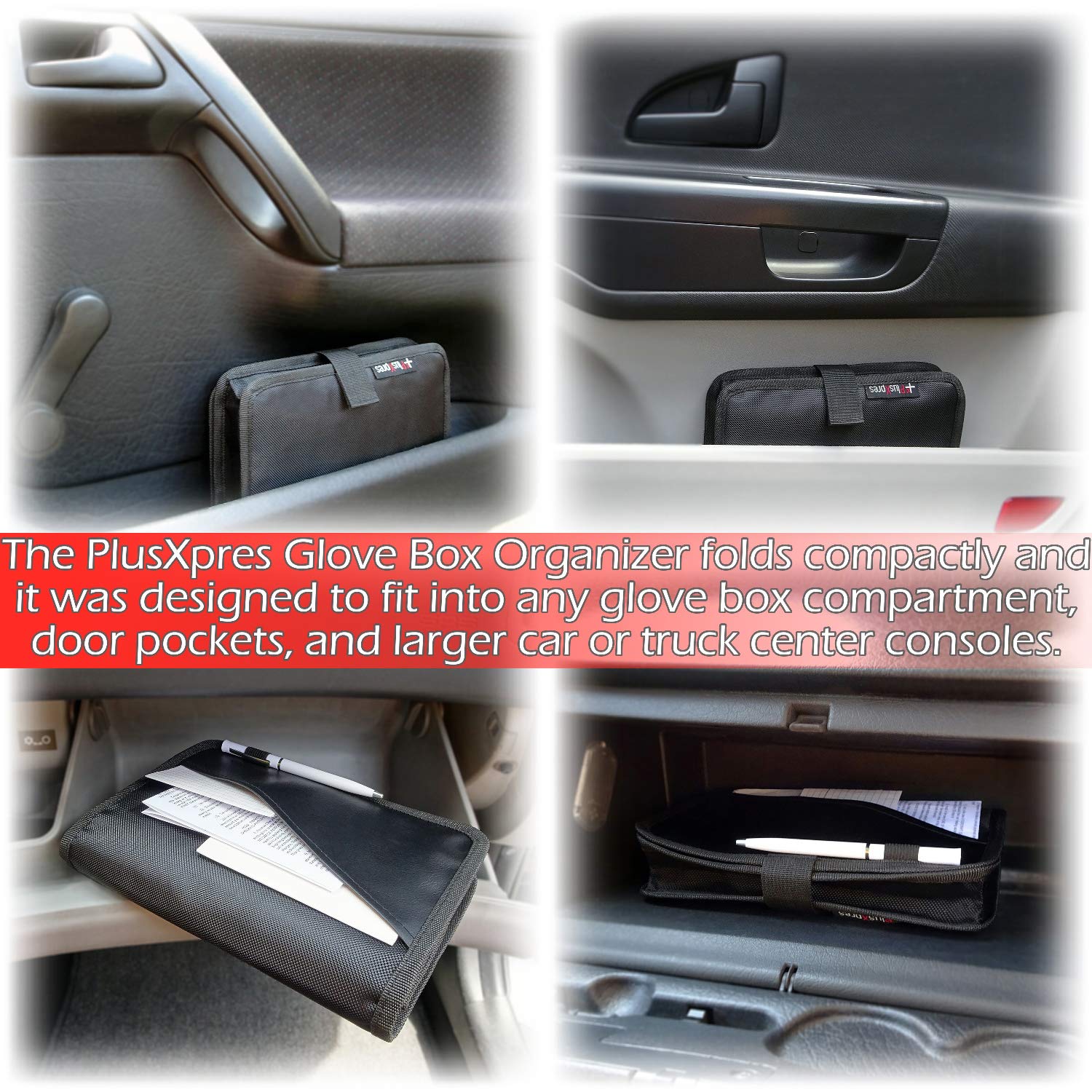 PlusXpres Glove Box Organizer exterior quick-access pocket for coupons.