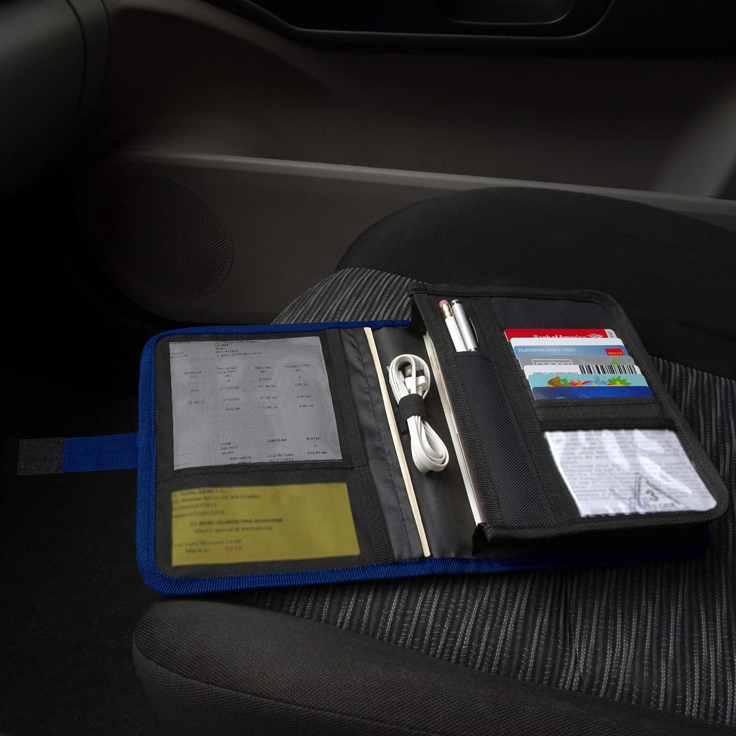 PlusXpres glove box organizer exterior quick-access pocket for coupons and change.