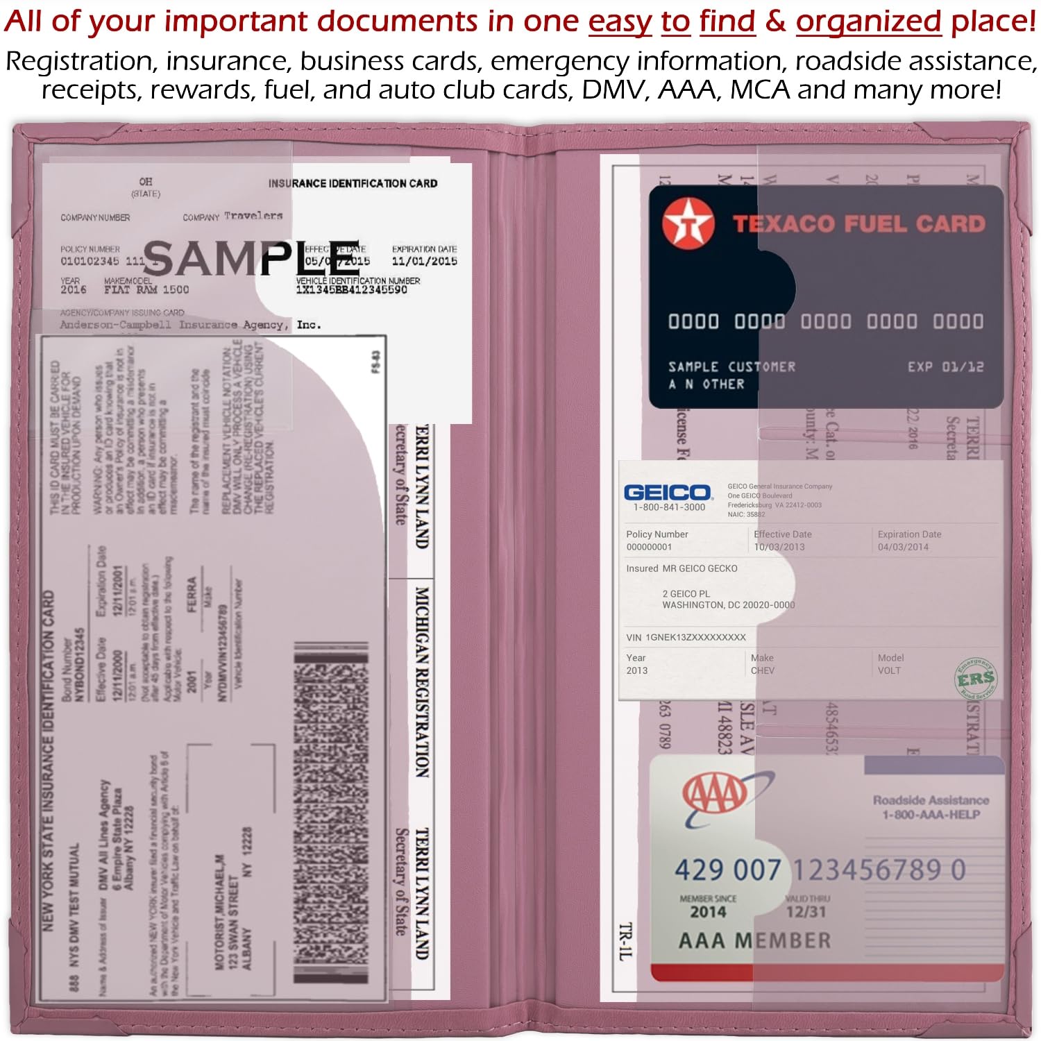 PlusXpres seven-pocket design stores insurance, registration, emergency info, and more.