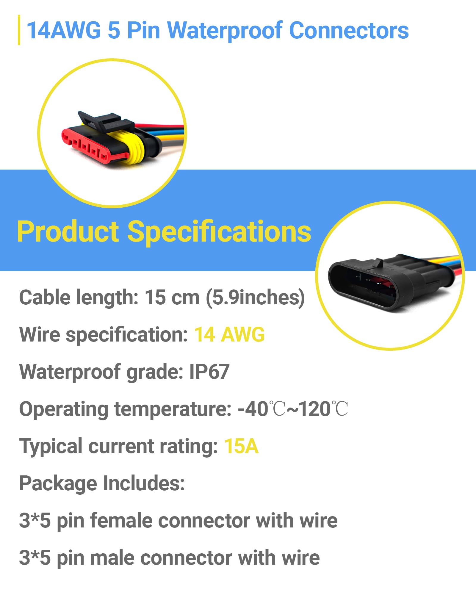 PLUXPAER 14 AWG 5 Pin Waterproof Female Connector for reliable wiring