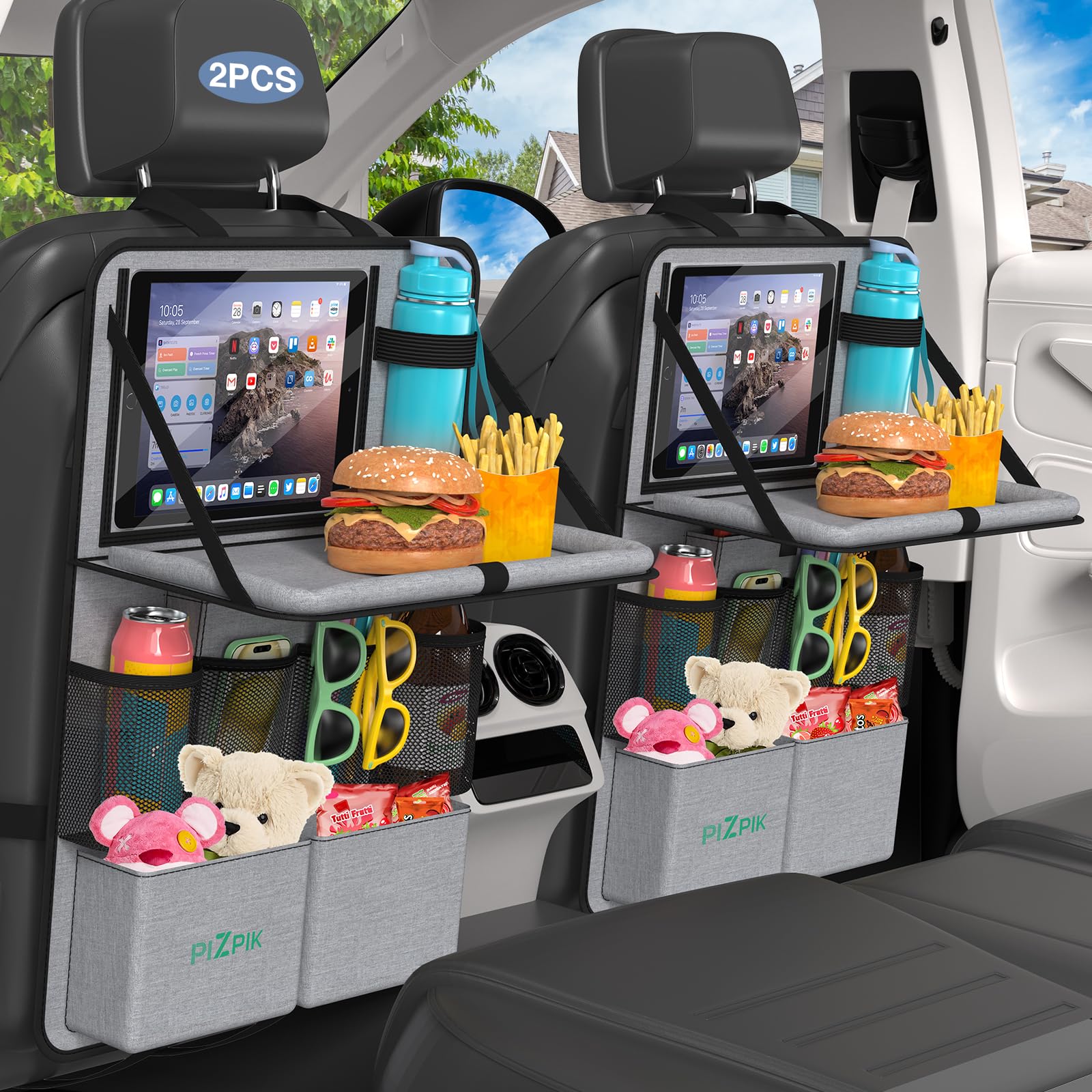 Plzpik car backseat organizer with collapsible tray for on-the-go meals