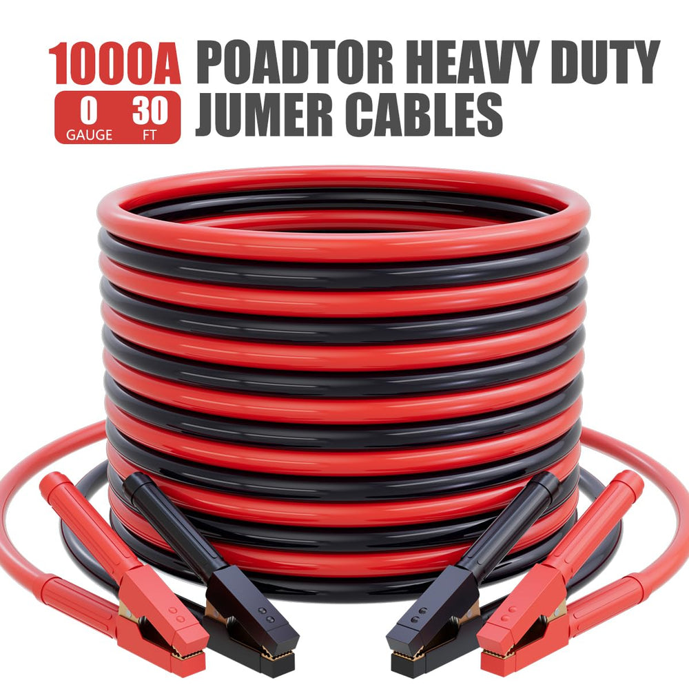 POADTOR 30-foot jumper cables shown in dual-post battery setup