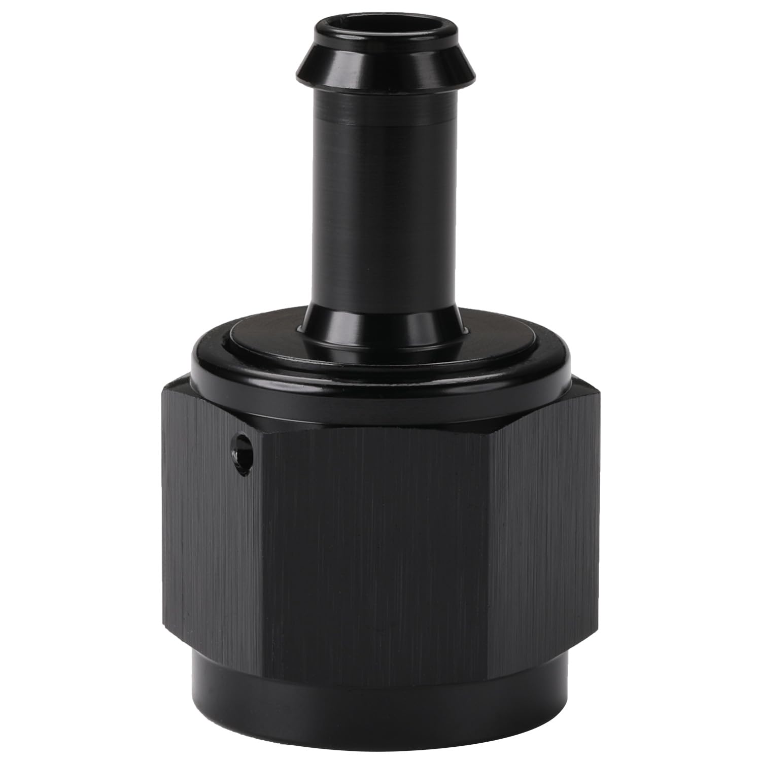 Podavelle 10AN to 3/8 barb adapter close-up in anodized black for durable fuel connections.