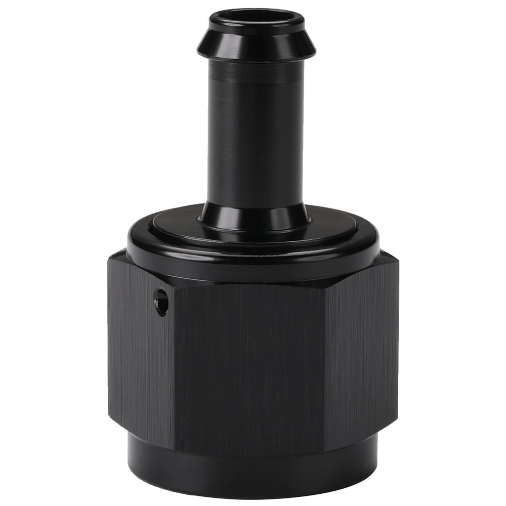 Podavelle 10AN to 3/8 barb adapter close-up in anodized black for durable fuel connections.